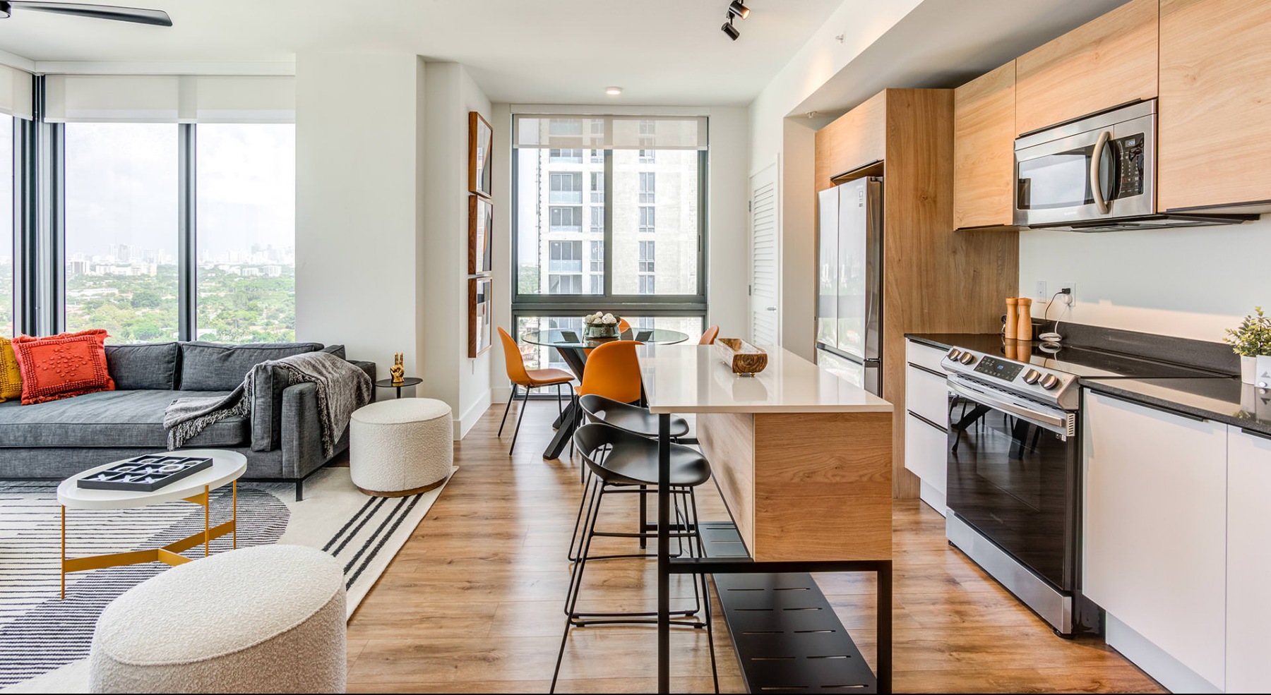 open concept apartment interiors